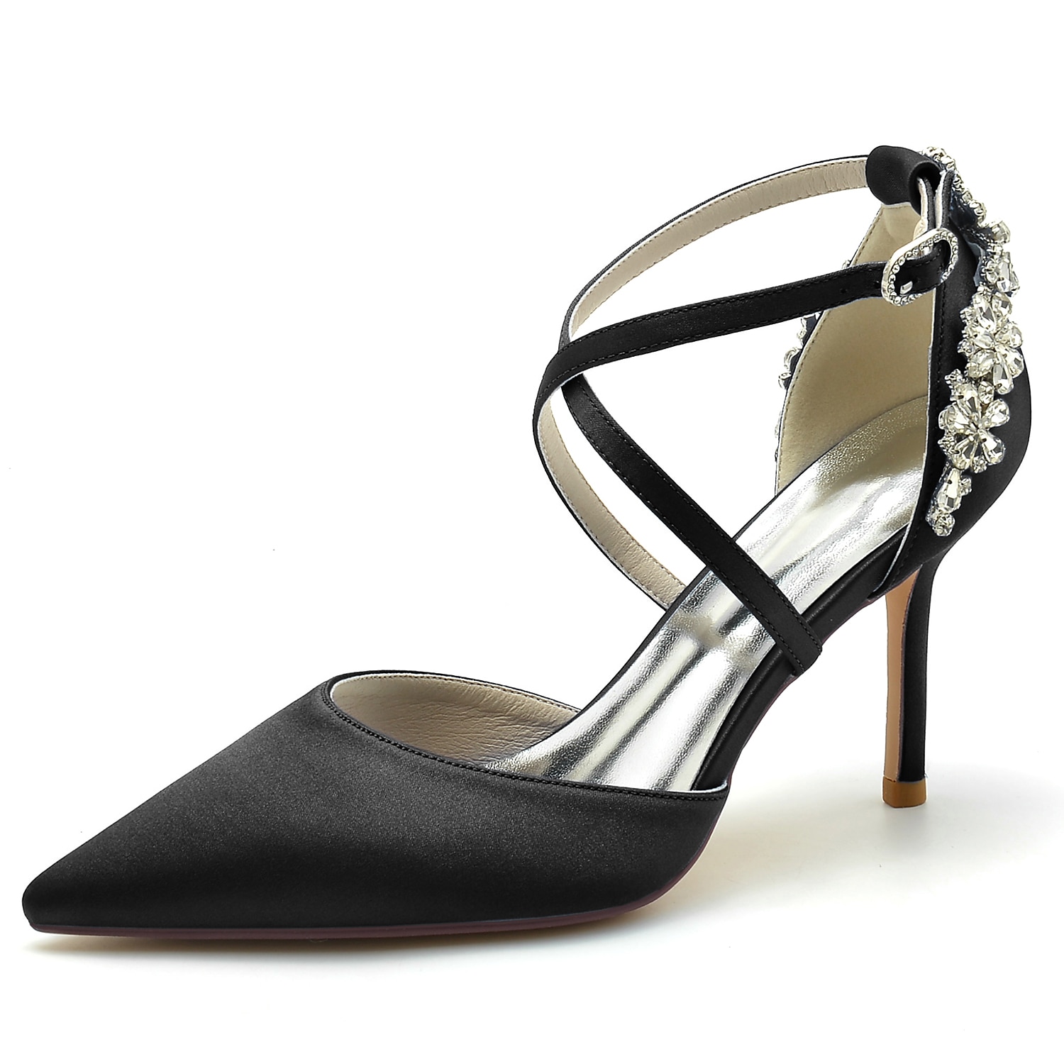 Women's Wedding Shoes Pumps Bridal Shoes Rhinestone Stiletto Pointed Toe Luxurious Satin Cross Strap Wine Black White 2025 - Image 3