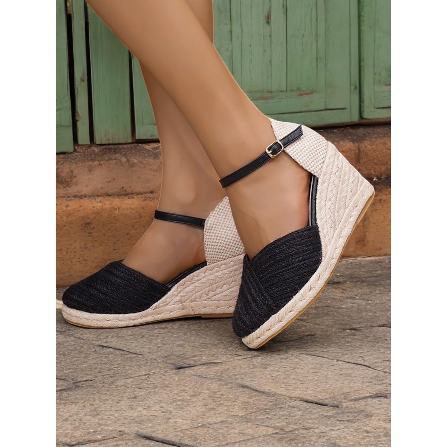 Women's Black and Beige Wedge Espadrilles with Ankle Strap, Comfortable Summer Sandals for Beach, Casual Outings, and Vacation Wear 2025