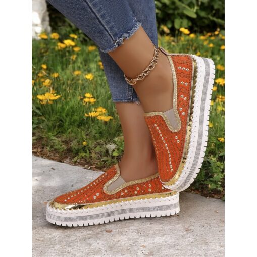 Women's Green Rhinestone Embellished Slip-On Sneakers with Chunky Sole - Glamorous Casual Shoes for Parties and Everyday Wear 2025 - Image 2