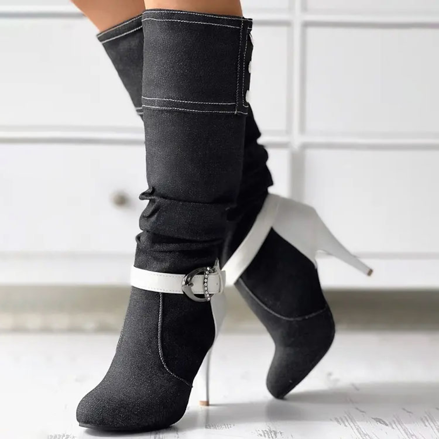 Women's Denim Knee-High Boots with Stiletto Heel and Buckle Strap, Featuring Grommet Detailing and Fashion-Forward Design 2025 - Image 2