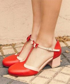 Women's Stylish Red T-Strap Heels with Bow Detail and Block Heel – Comfortable Vintage Design for Casual and Formal Occasions 2025