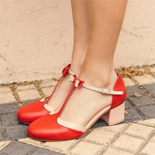 Women's Stylish Red T-Strap Heels with Bow Detail and Block Heel – Comfortable Vintage Design for Casual and Formal Occasions 2025