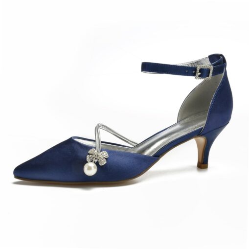 Women's Navy Blue Satin Wedding Heels – Elegant Pointed-Toe Pumps with Pearl and Rhinestone Embellishments 2025