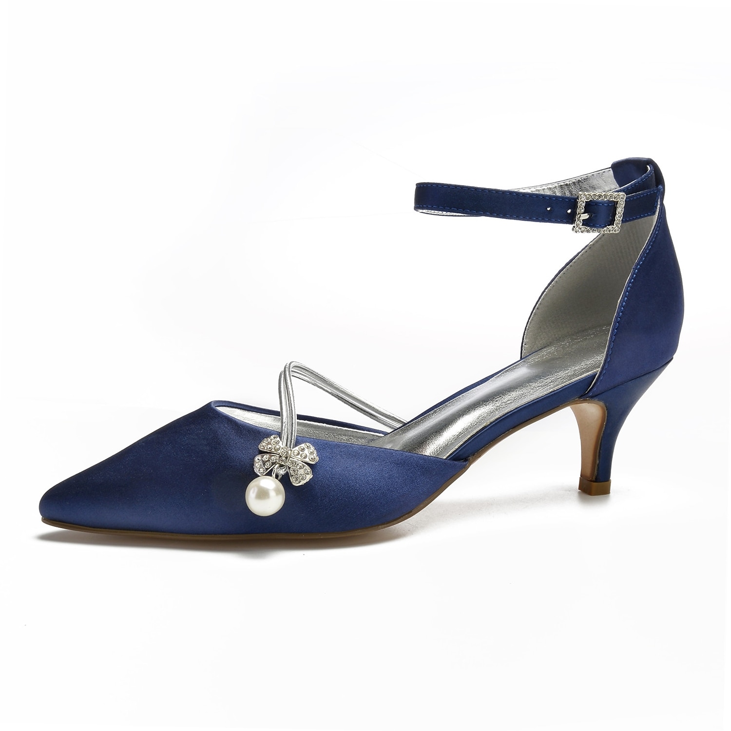 Women's Navy Blue Satin Wedding Heels – Elegant Pointed-Toe Pumps with Pearl and Rhinestone Embellishments 2025