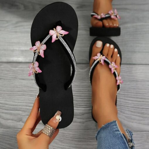 Women's Flip Flops Ladies Wedge Sandals Summer Comfortable Soft Slippers Platform Sandals Flat Slides Shoes Butterfly Rhinestone Thong Straps Clip Toe - Image 2