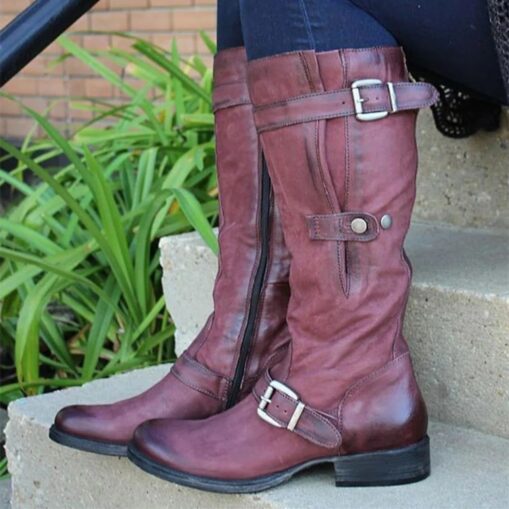 Women's Purple Faux Leather Knee-High Boots with Buckle Straps and Side Zipper, Vintage Style Motorcycle Boots for Outdoor and Casual Wear 2025 - Image 4