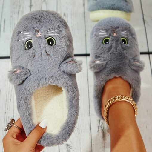 Women's Plush Cat Face Slippers - Cozy Indoor Furry Slippers with Cute Ears and Embroidery for Winter Home Wear 2025 - Image 2
