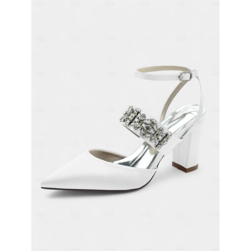 Women's Black Satin Pointed Toe Heels – Rhinestone Embellished Ankle Strap Chunky Heels for Evening Parties and Weddings 2025 - Image 3