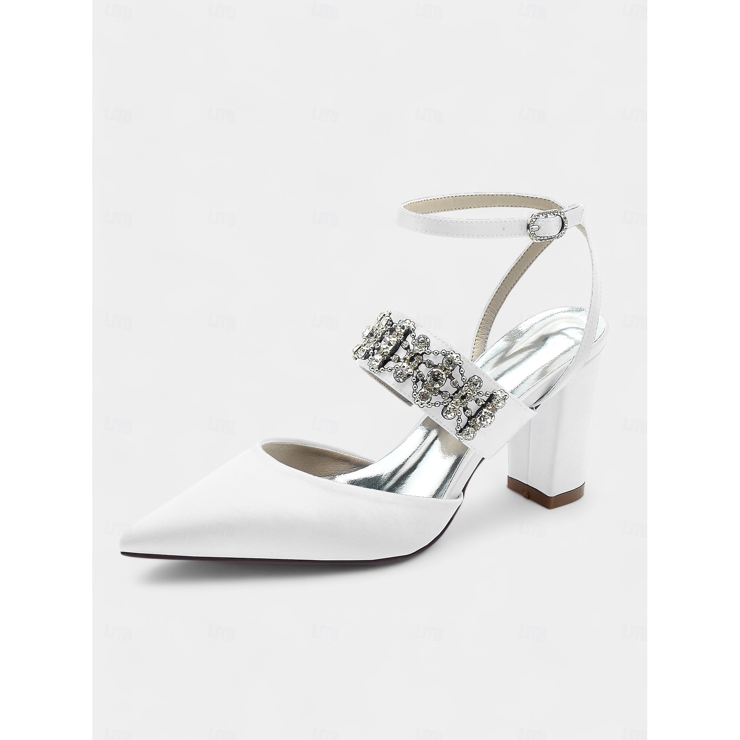 Women's Black Satin Pointed Toe Heels – Rhinestone Embellished Ankle Strap Chunky Heels for Evening Parties and Weddings 2025 - Image 3