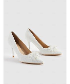 Women's Elegant White Lace High Heel Pumps with Beaded Floral Applique for Weddings and Formal Events 2025