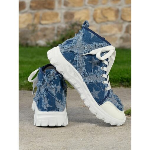 Women's Casual Blue Distressed Denim High-Tops Sneakers - Perfect for Everyday Wear 2025