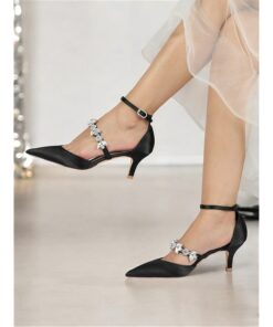 Women's Black Satin Heels with Rhinestone Embellishments - Ankle Strap, Pointed Toe, Elegant Evening & Wedding Shoes 2025