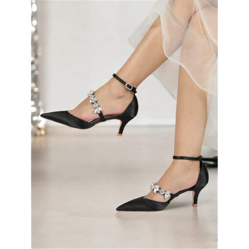 Women's Black Satin Heels with Rhinestone Embellishments - Ankle Strap, Pointed Toe, Elegant Evening & Wedding Shoes 2025