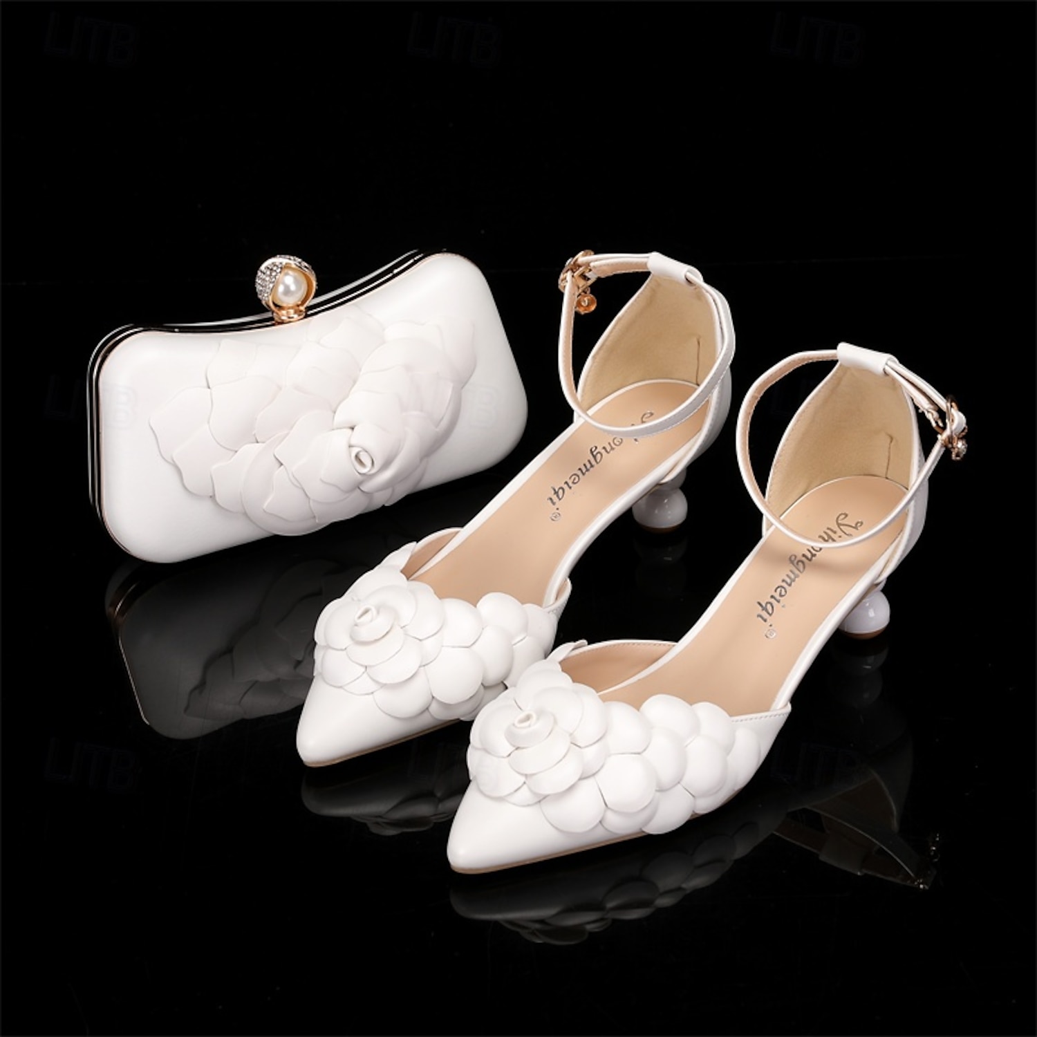 White Floral-Embellished Bridal Shoes with Matching Clutch – Elegant Wedding Set for Women 2025