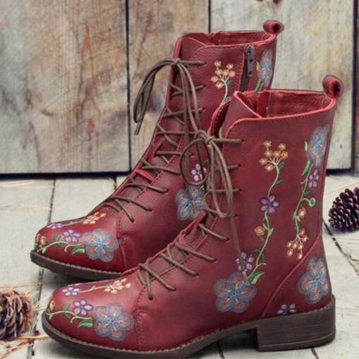 Women's Vintage Floral Embroidered Lace-Up Ankle Boots - Bohemian Style Leather Boots with Side Zipper for Fall and Winter 2025 - Image 2