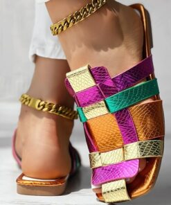 Women's Colorful Metallic Strappy Sandals – Vibrant Snake Print Slip-On Flats for Casual Summer and Festival Wear 2025