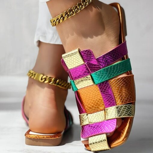 Women's Colorful Metallic Strappy Sandals – Vibrant Snake Print Slip-On Flats for Casual Summer and Festival Wear 2025