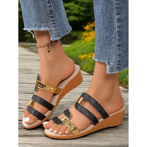 Women's Glitter Strappy Wedge Sandals with Gold Accents - Casual Summer Shoes for Beach, Vacation and Everyday Wear 2025 - Image 2