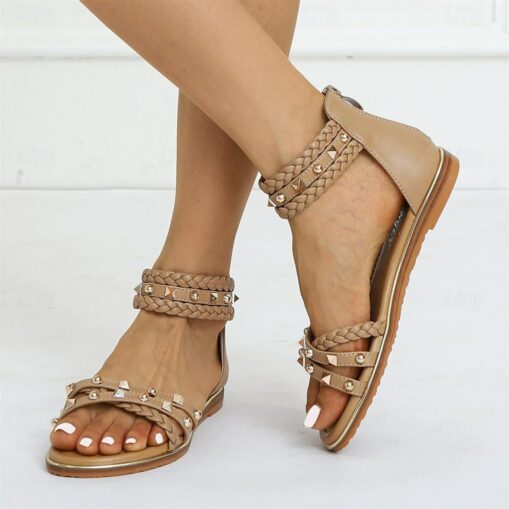 Women's Sandals Boho Bohemia Beach Gladiator Sandals Roman Sandals Daily Beach Braided Rivet Flat Heel Bohemia Vintage Casual PU Buckle Black Brown Be