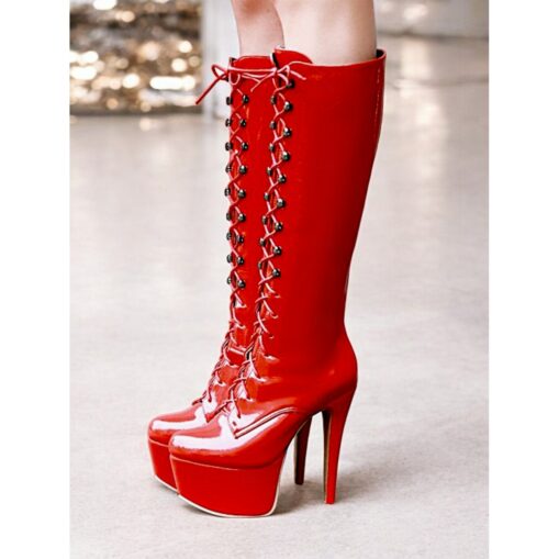 Women's Red Patent Leather Platform Lace-Up Knee-High Boots – Sexy Gothic Stiletto Heels for Clubwear, Cosplay, and Party Events 2025