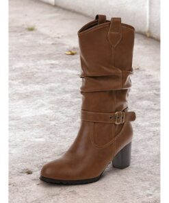 Women's Brown Knee-High Boots with Buckle Details and Block Heels – Classic and Versatile Footwear for Casual and Fall Outfits 2025