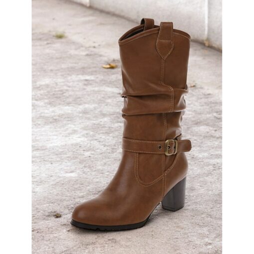 Women's Brown Knee-High Boots with Buckle Details and Block Heels – Classic and Versatile Footwear for Casual and Fall Outfits 2025