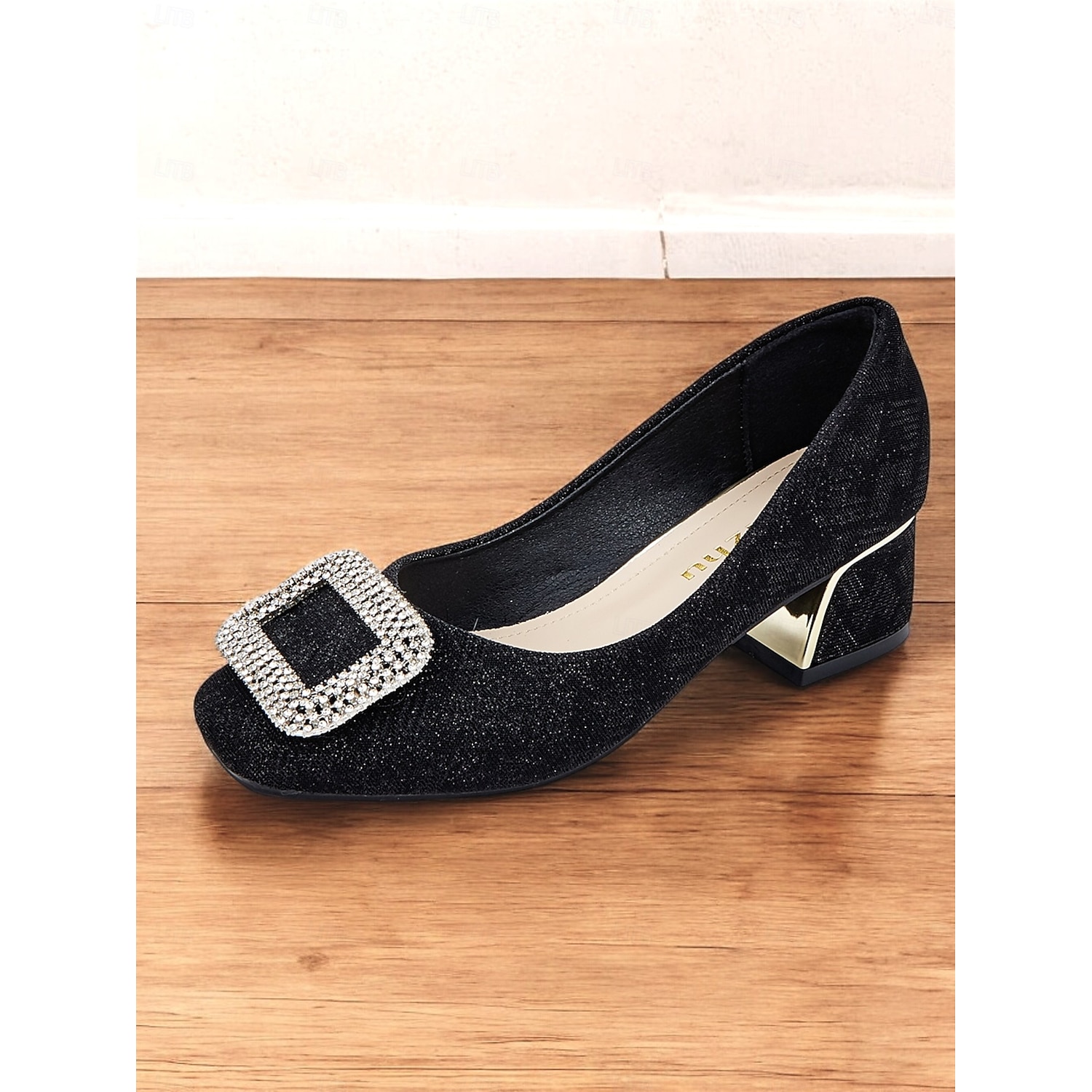 Women's Rhinestone Buckle Chunky Heels – Elegant Low-Heel Pumps with Glitter Finish and Metallic Accents 2025