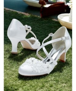 White Satin Kitten Heel Wedding Shoes for Women with Floral Embroidery and Cross-Strap Design - Perfect for Brides and Formal Occasions 2025