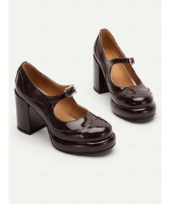 Women's Brown Patent Leather Mary Jane Block Heel Pumps with Brogue Detailing - Vintage-Inspired Dress Shoes for Office and Evening Wear 2025