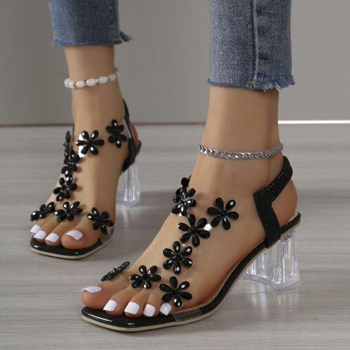 Women's Rhinestone Floral Embellished Clear Heel Sandals – Elegant Open-Toe High Heel Shoes for Weddings and Special Occasions 2025 - Image 2