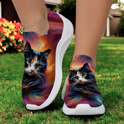 Women's Cat and Butterfly Print Flyknit Sneakers - Breathable Lightweight Casual Shoes for Everyday and Outdoor Activities 2025