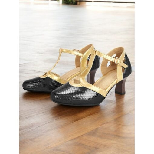 Women's Green and Gold T-Strap Shoes with Snakeskin Pattern Mid Heel and Vintage Style for Ballroom Performances and Formal Events 2025 - Image 2