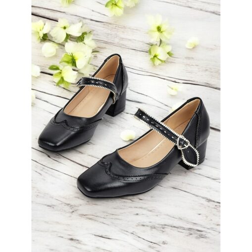 Women's Black Mary Jane Shoes with Heart Buckle Strap – Elegant Block Heel Dress Shoes for Parties and Special Occasions 2025 - Image 2