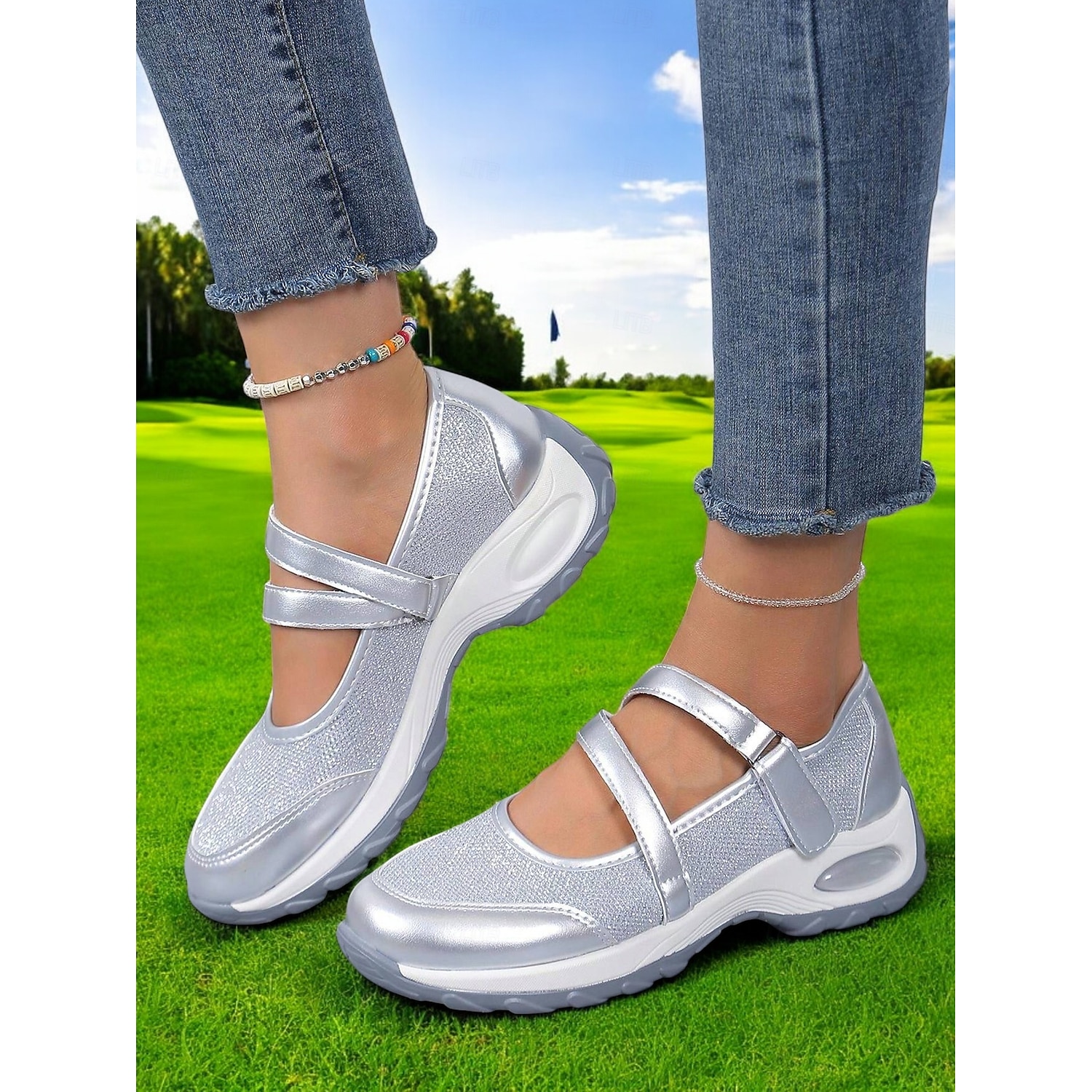Silver Sports Sneakers for Women – Lightweight Slip-On Shoes with Secure Straps, Great for Active Days, Walks and Casual Sportswear 2025
