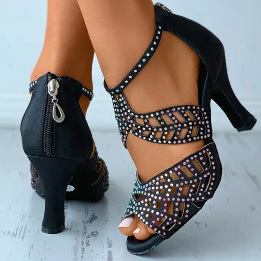 Women's Black Rhinestone Strappy High Heel Sandals with Cut-Out Design for Dance and Evening Wear 2025