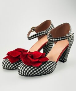 Women's Vintage Gingham Checkered Mary Jane Heels with Red Flower Embellishments – Retro Style Party Shoes 2025
