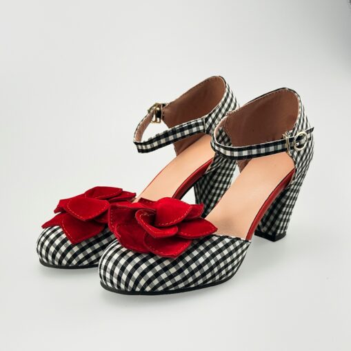Women's Vintage Gingham Checkered Mary Jane Heels with Red Flower Embellishments – Retro Style Party Shoes 2025