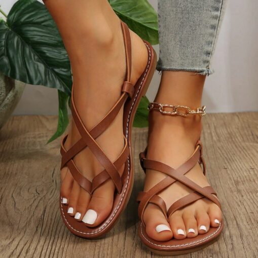 Women's Brown Strappy Flat Sandals with Cross-Band Design – Comfortable and Stylish Summer Shoes for Casual Outings and Beachwear 2025