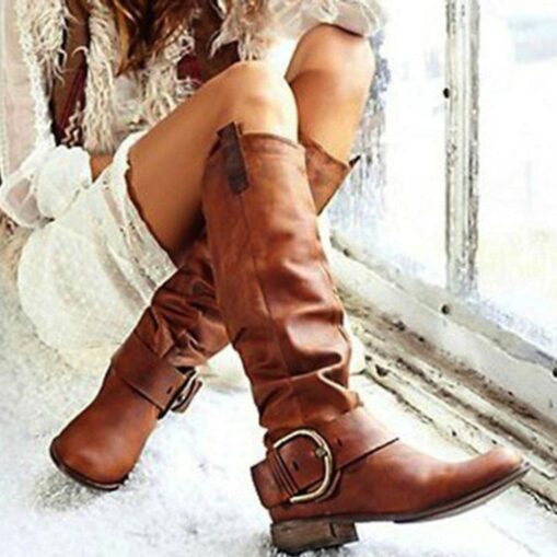 Women's Green Faux Leather Slouchy Western Boots with Buckle Detail - Knee-High Cowboy Style Boots for Casual and Boho Chic Outfits 2025 - Image 2