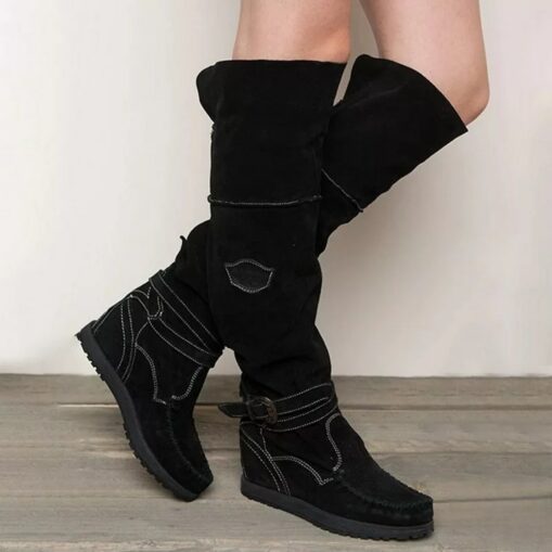 Women's Suede Knee-High Boots with Wedge Heel and Buckle Strap - Bohemian Style Casual Boots in Denim Blue 2025 - Image 4