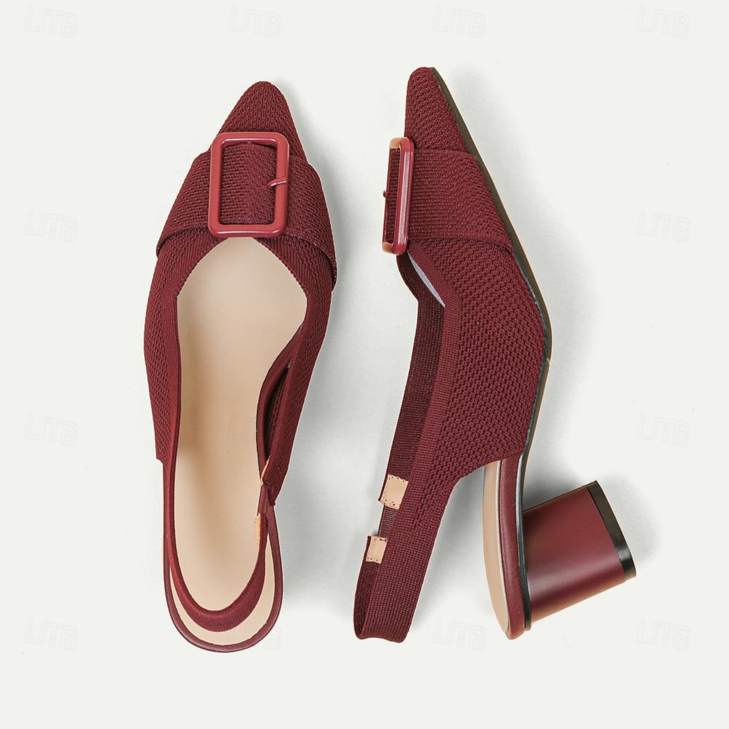 Women's Heels Plus Size Flyknit Shoes Wedding Outdoor Office Striped Buckle Block Heel Pointed Toe Fashion Classic Comfort Walking Knit Loafer Almond - Image 3