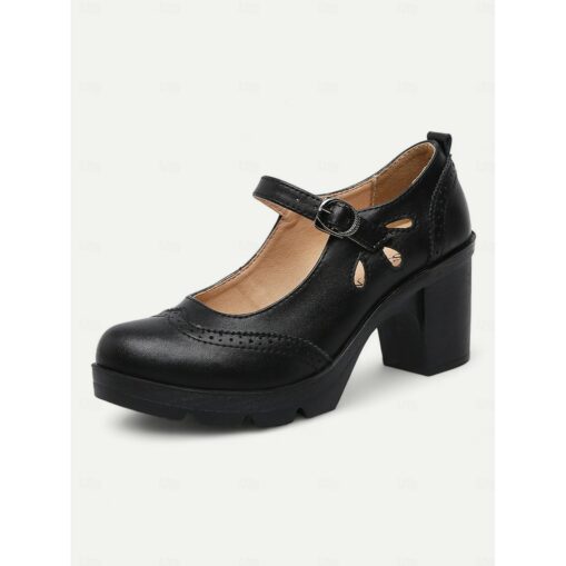 Women's Vintage Black and White Mary Jane Chunky Heel Shoes - Retro Brogue Style for Office and Casual Wear 2025 - Image 2