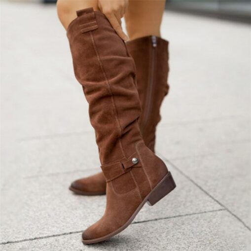 Women's Slouchy Suede Knee-High Boots with Buckle - Casual Flat Heel for Everyday & Fall Fashion 2025 - Image 5