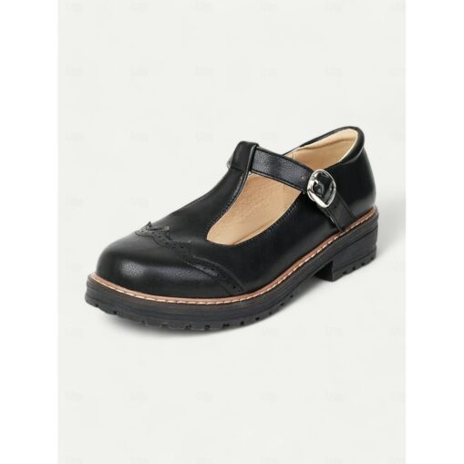 Women's Tan Faux Leather T-Strap Mary Jane Shoes with Brogue Detailing, Rugged Sole for Comfortable Daily Wear and Vintage Style Outfits 2025 - Image 2