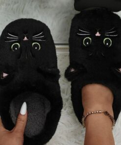 Women's Plush Cat Face Slippers - Cozy Indoor Furry Slippers with Cute Ears and Embroidery for Winter Home Wear 2025
