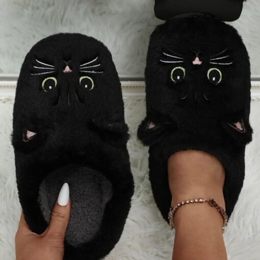 Women's Plush Cat Face Slippers - Cozy Indoor Furry Slippers with Cute Ears and Embroidery for Winter Home Wear 2025