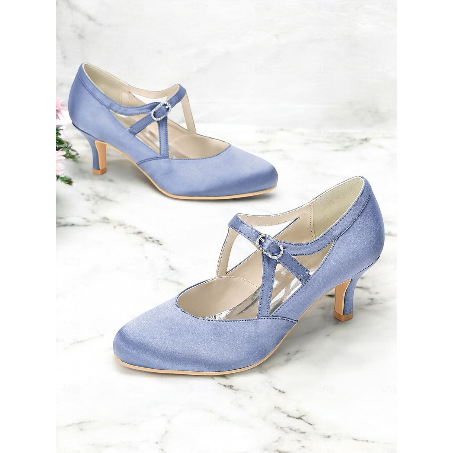 Women's Sage Green Satin T-Strap Heels – Vintage Mid Heel Pumps with Buckle Closure, Elegant Shoes for Weddings & Ballroom Dance 2025 - Image 2
