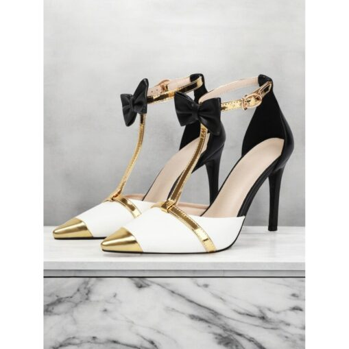 Women's Lavender T-Strap Stiletto Heels with Gold Accents and Bow Details, Elegant Party and Evening Shoes for Special Occasions 2025 - Image 2