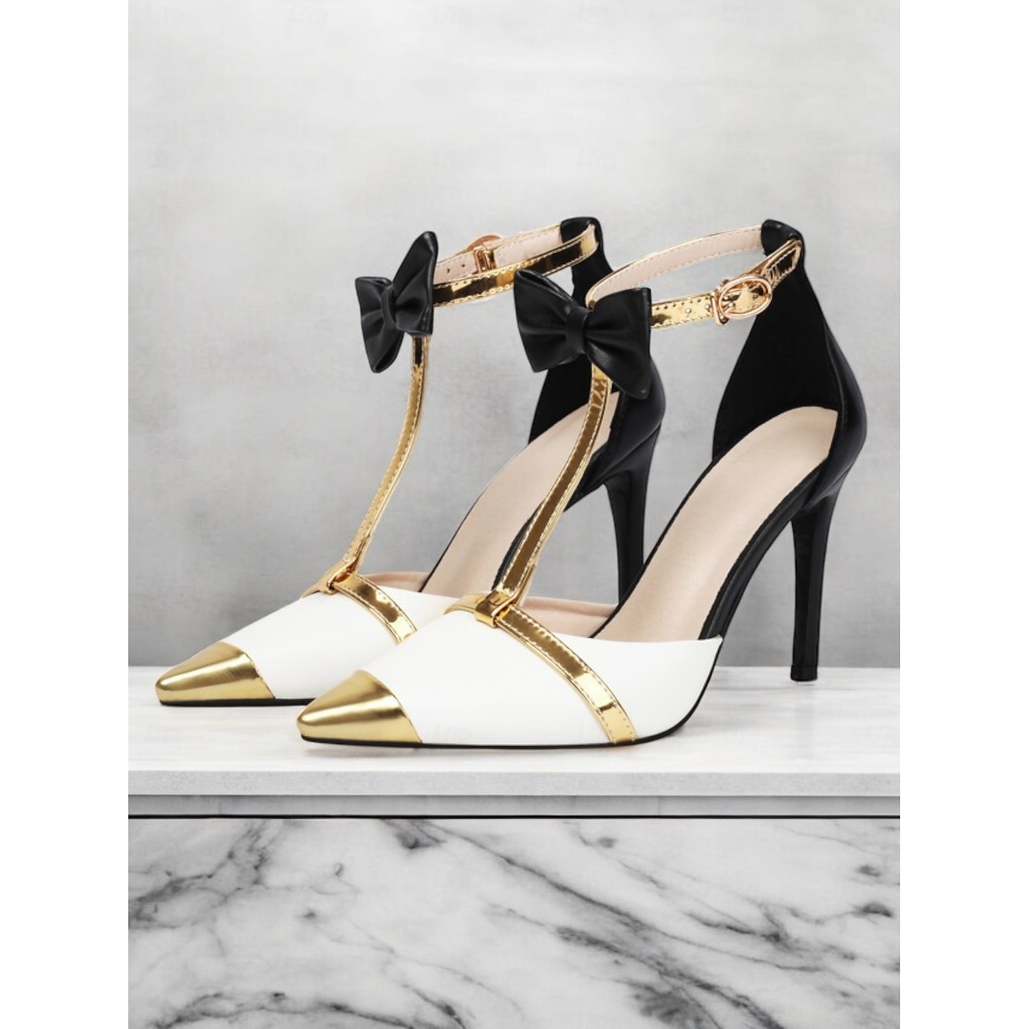 Women's Lavender T-Strap Stiletto Heels with Gold Accents and Bow Details, Elegant Party and Evening Shoes for Special Occasions 2025 - Image 2