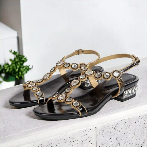 Women's Wedding Shoes Sandals Party Rhinestone Flat Heel Round Toe Elegant Vintage Microbial Leather Ankle Strap Black Silver Purple 2025 - Image 4